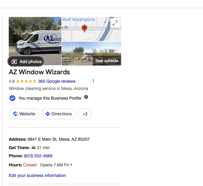 AZ Window Wizards Google Business Profile showing 4.8 star rating and 360+ reviews